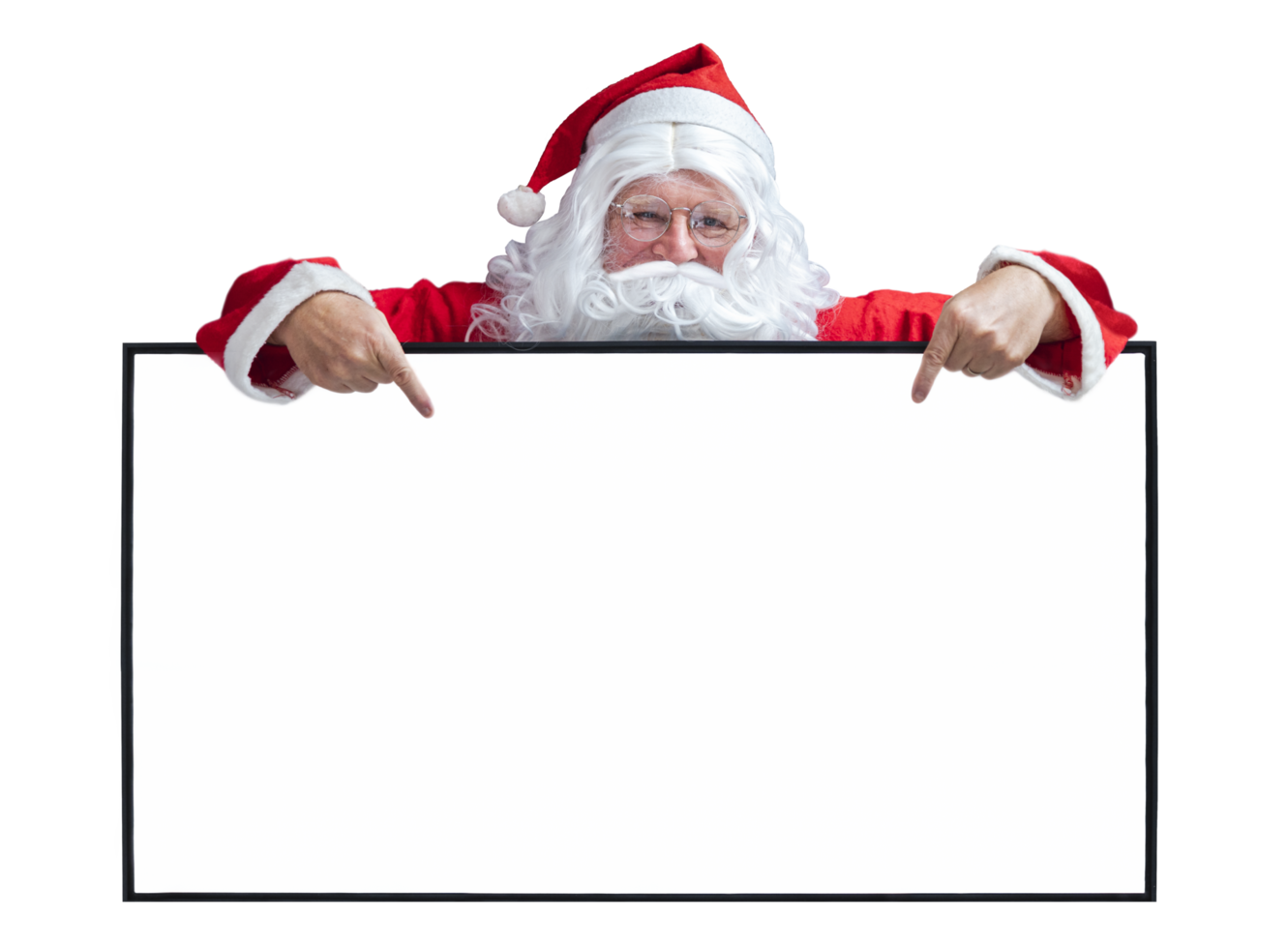 de kerstman claus is Holding en richten de wit blanco teken voor seizoensgebonden Promotie uitverkoop en Aankondiging bord advertentie geïsoleerd Aan wit achtergrond voor reclame gebruik png