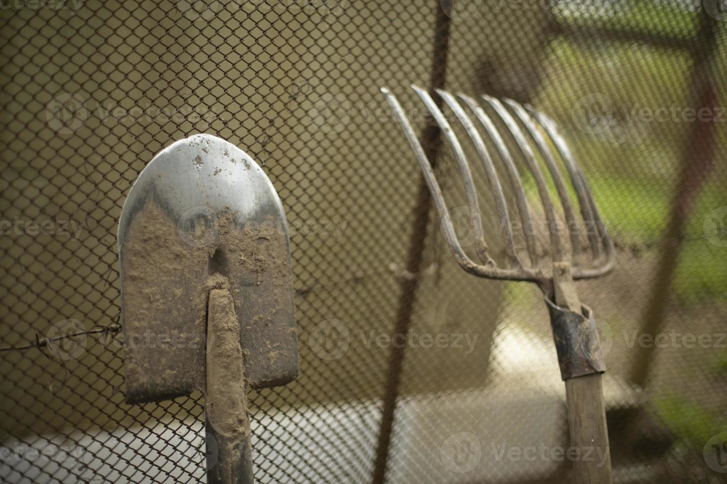 Shovel and rake. Garden tool is leaned against fence. photo