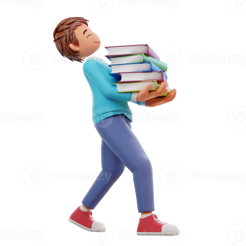 Cute boy going to school and bring a books cartoon 3d icon illustration. people education icon concept png