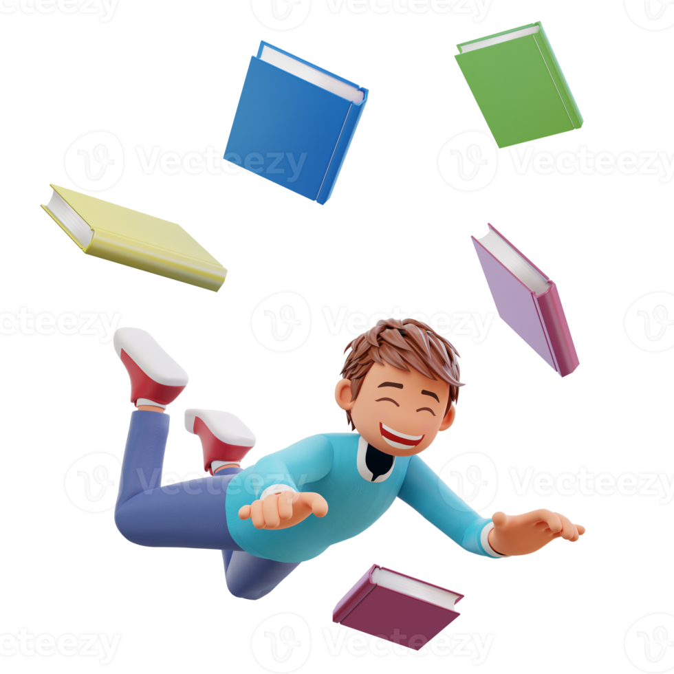 süßer junge fällt mit vielen büchern cartoon 3d symbol illustration. Menschen-Bildung-Icon-Konzept png