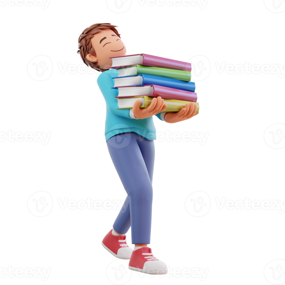 Cute boy going to school and bring a books cartoon 3d icon illustration. people education icon concept png