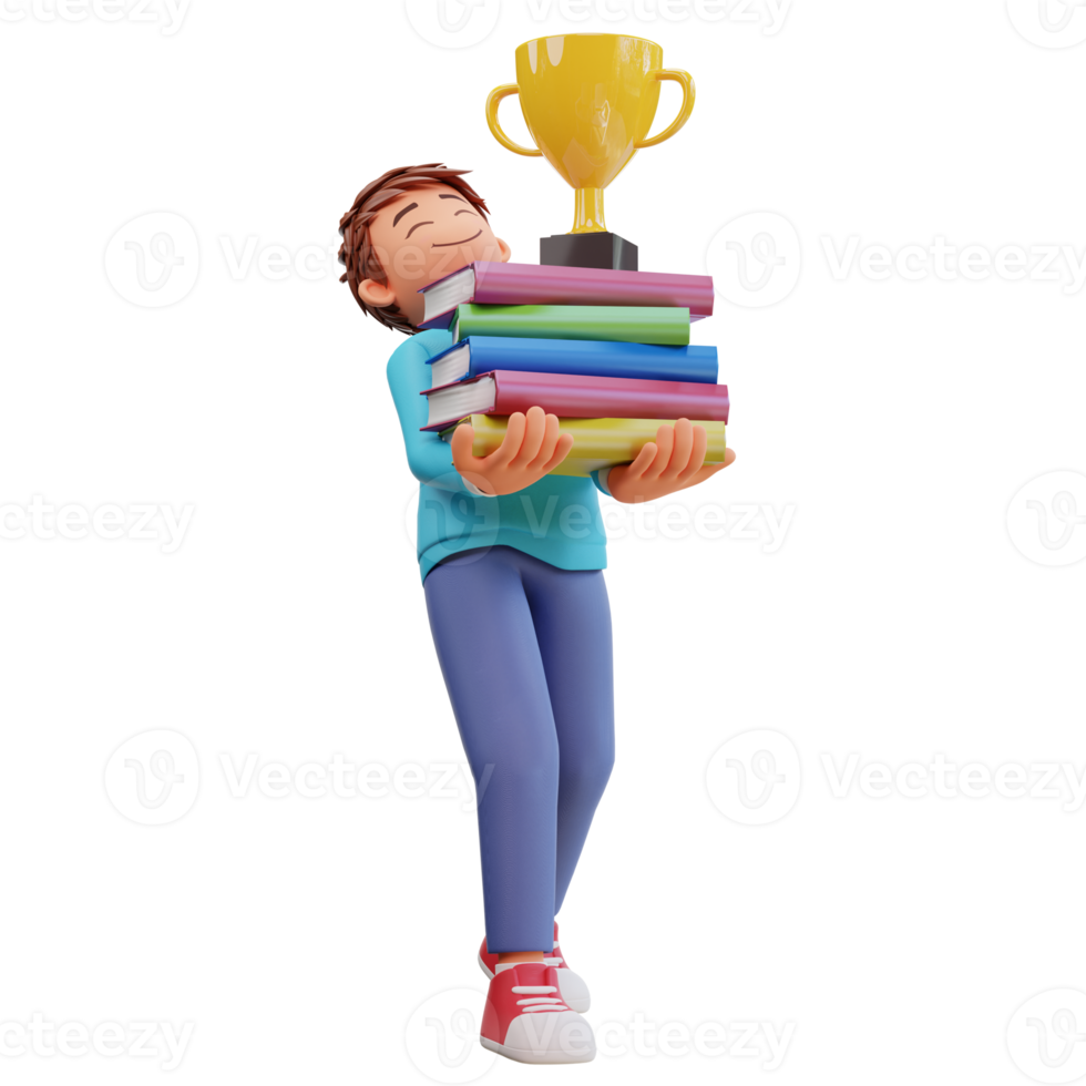 cute boy carrying a stack of books and trophies, 3d cartoon illustration concept png