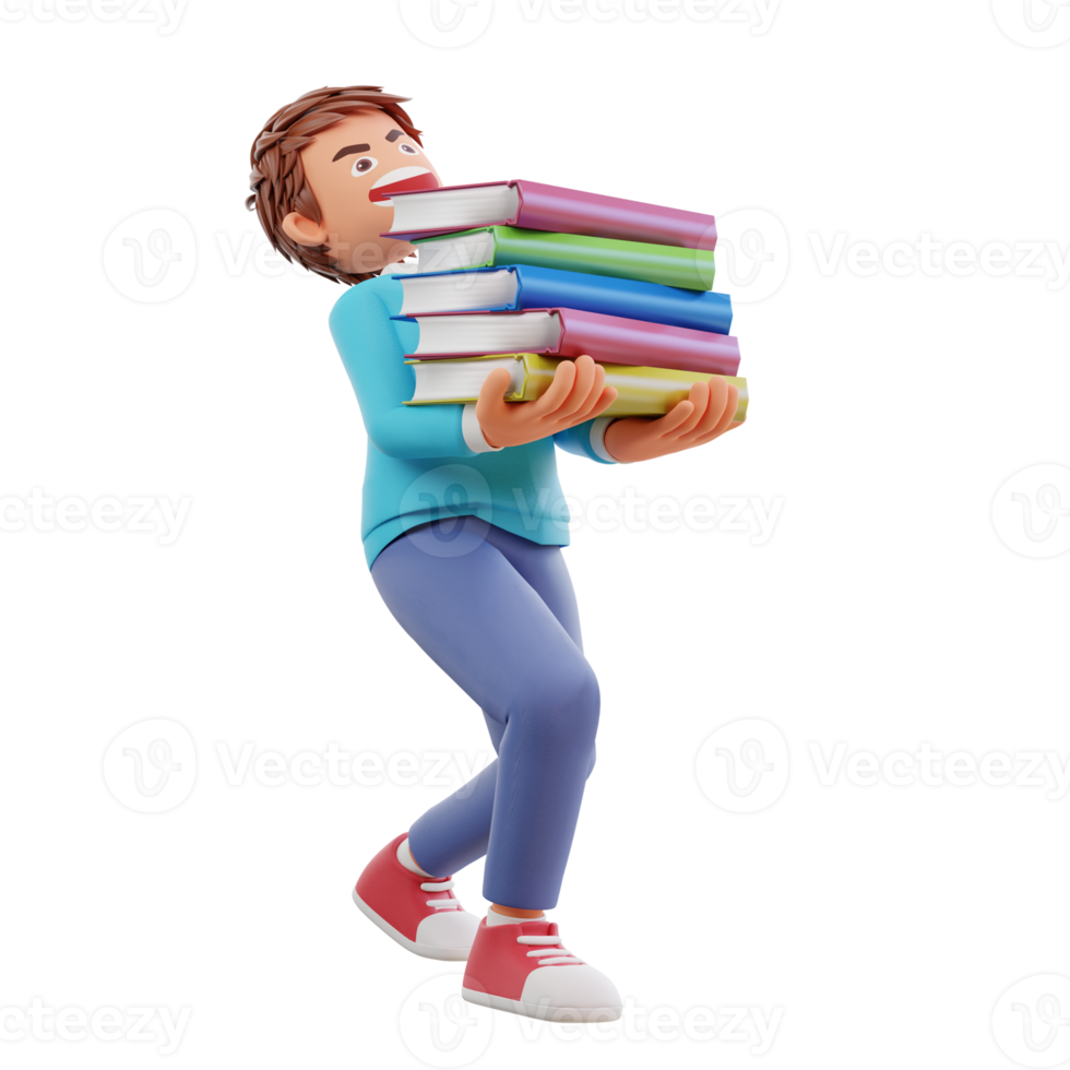 Cute boy going to school and bring a books cartoon 3d icon illustration. people education icon concept png