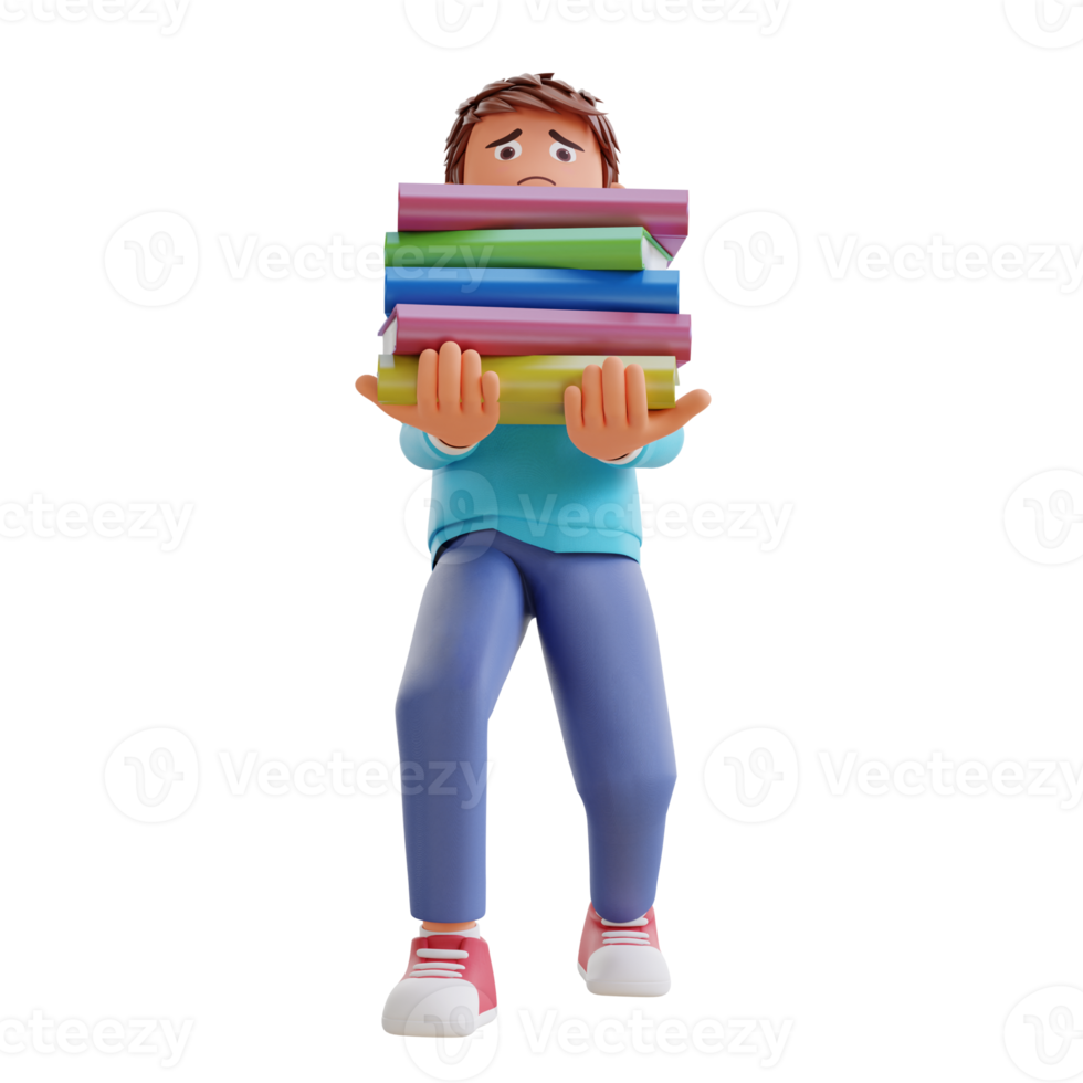 Cute boy going to school and bring a books cartoon 3d icon illustration. people education icon concept png