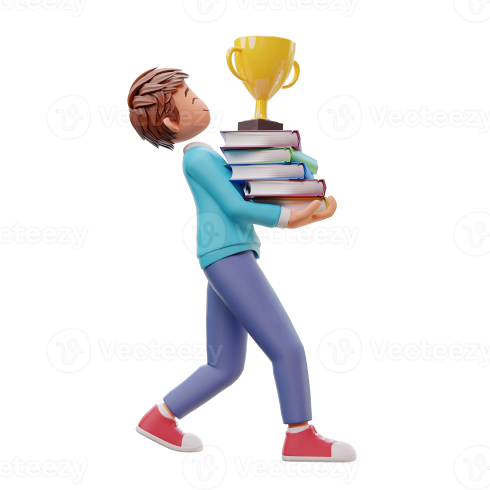 cute boy carrying a stack of books and trophies, 3d cartoon illustration concept png