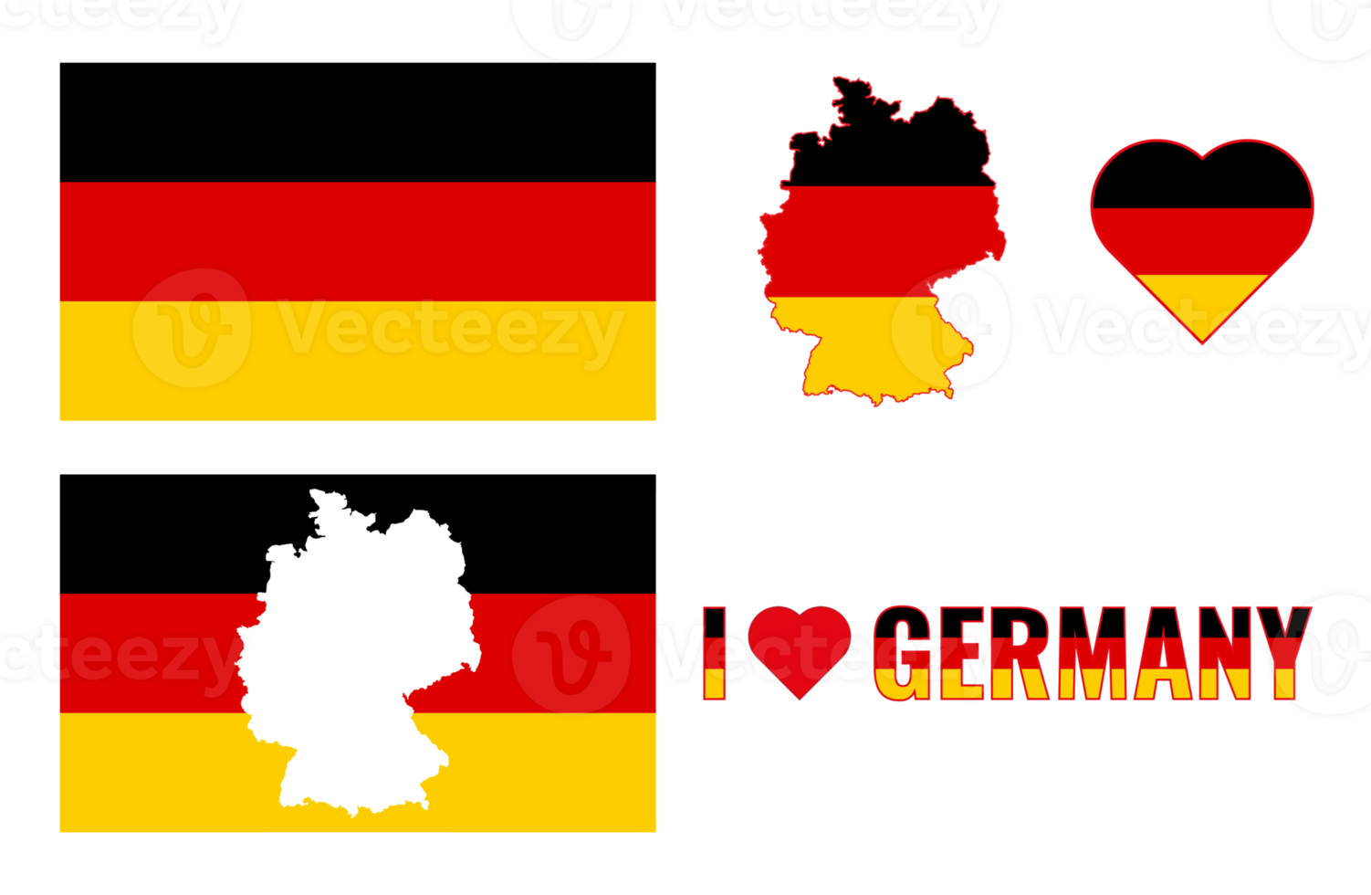 Set of illustrations with german flag, country outline map and heart. Travel concept. png