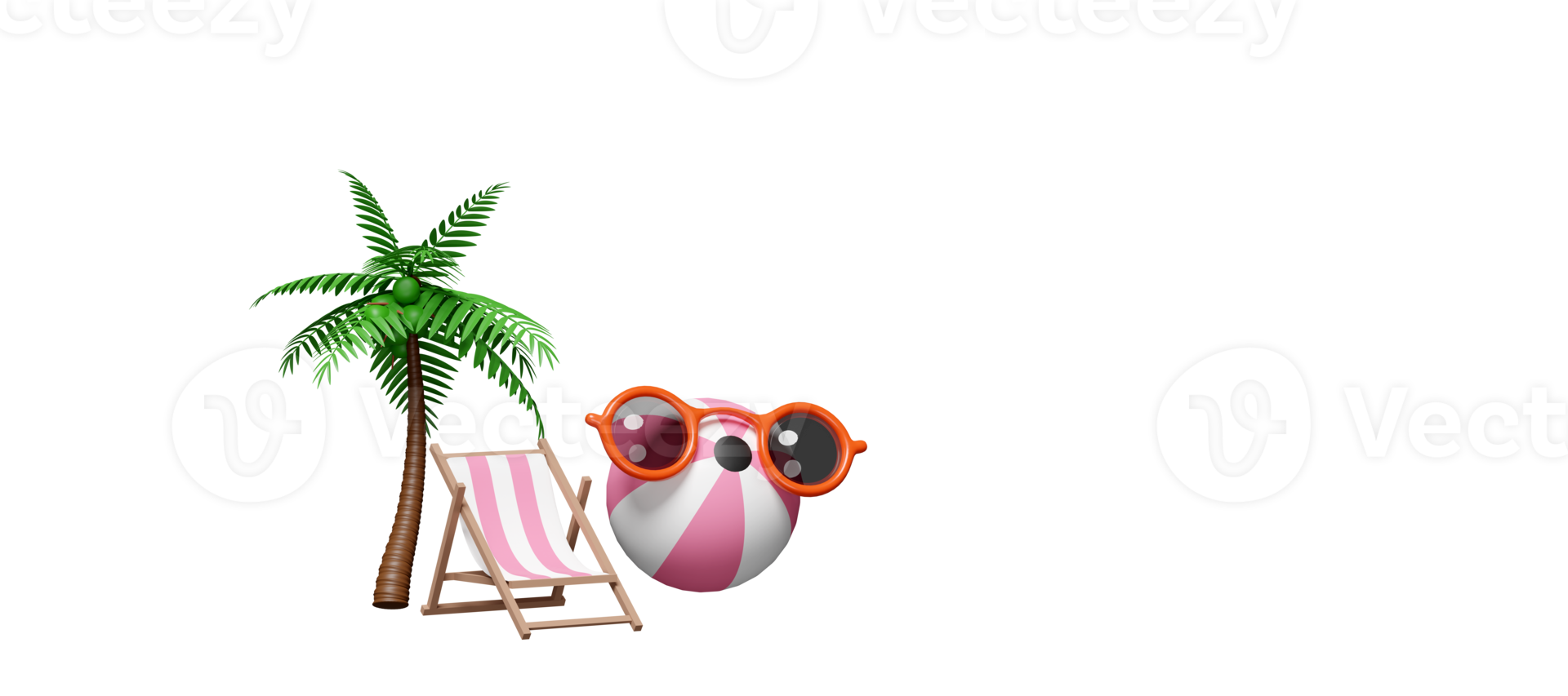 Chaise de plage 3d pour la mer d'été avec palmier, ballon, lunettes de soleil, espace de copie isolé. concept de voyage d'été, illustration de rendu 3d png