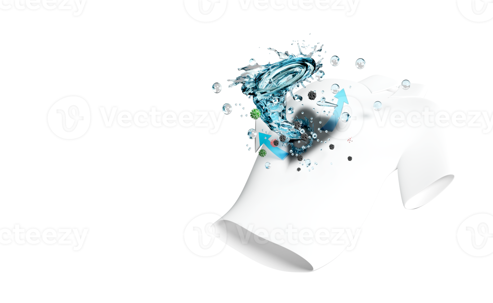 skjorta visa tvättning med en bubbelpool, virvel, vatten roterande på de tyg fiber yta, 3d reklam illustration rena med tvättning pulver, flytande rengöringsmedel, 3d framställa png