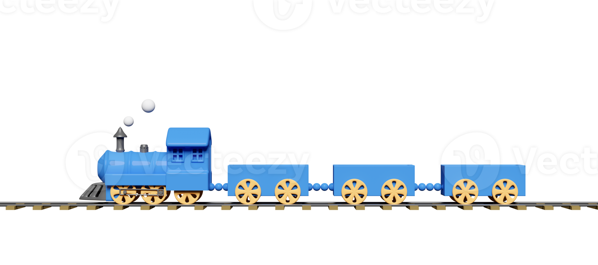 3d blue locomotive steam cartoon with railroad tracks, wagons empty isolated. train transport toy, summer travel service, planning traveler, 3d render illustration png