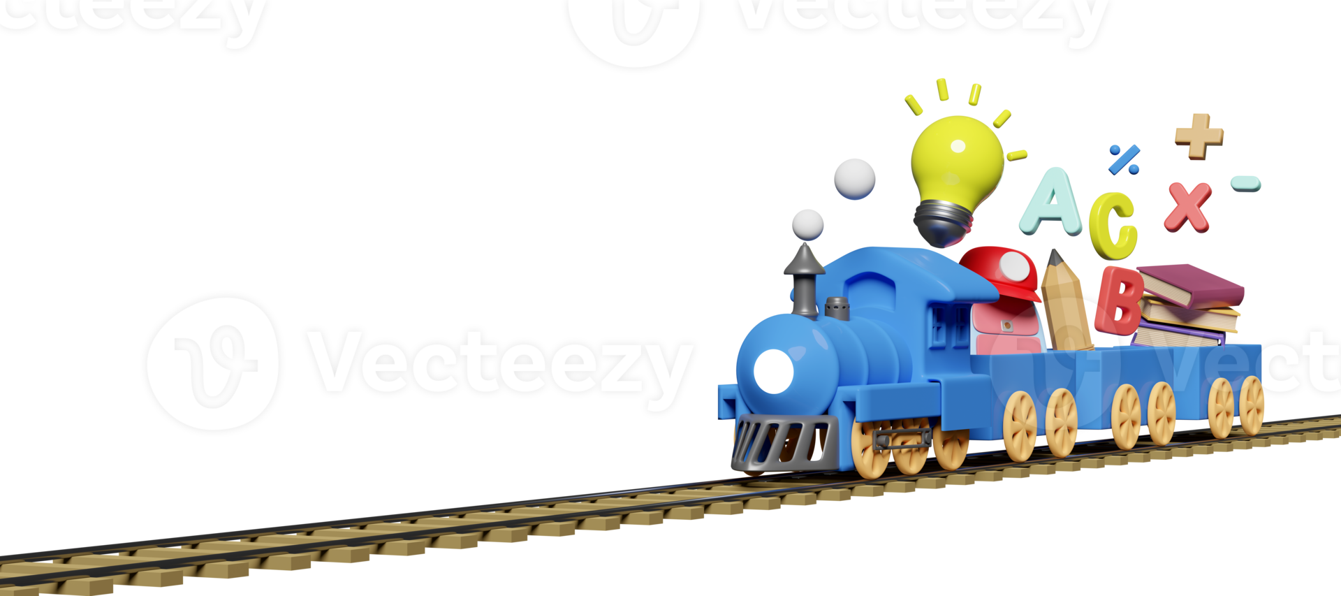 Locomotive bleue 3d avec wagons en bois avec fournitures scolaires, espace de copie isolé. retour à l'école, la connaissance crée un concept d'idée, illustration de rendu 3d png