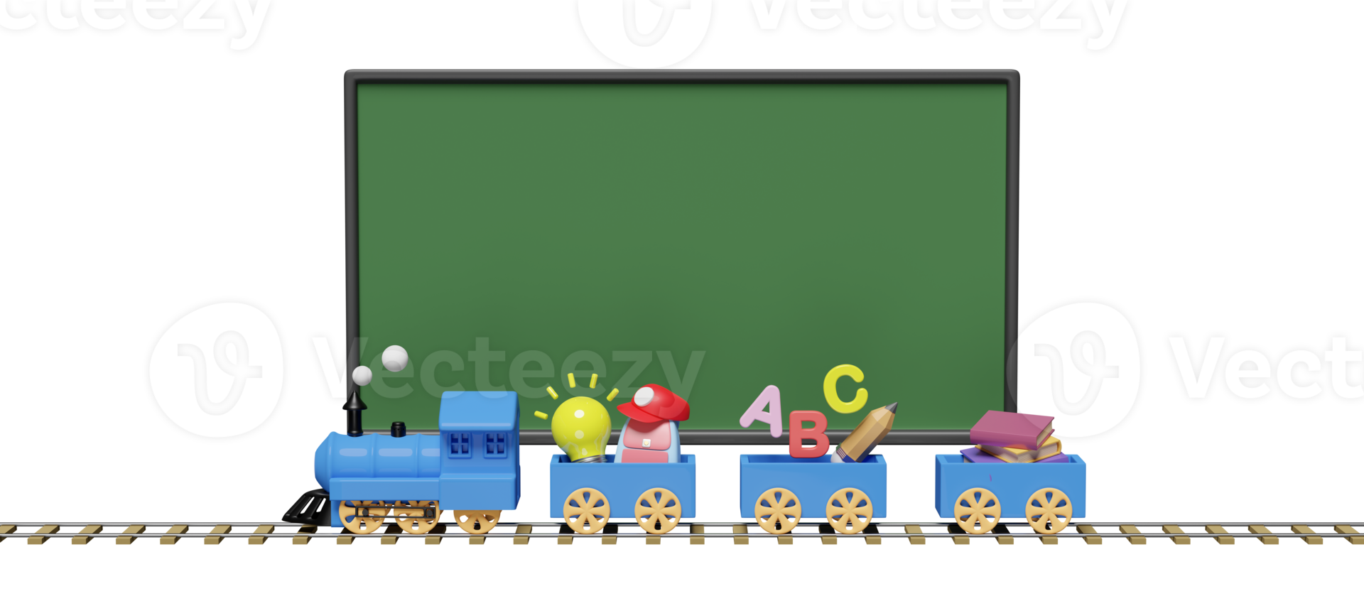 3d blue locomotive with wooden wagons with school supplies, chalkboard isolated. back to school, knowledge creates idea concept, 3d render illustration png