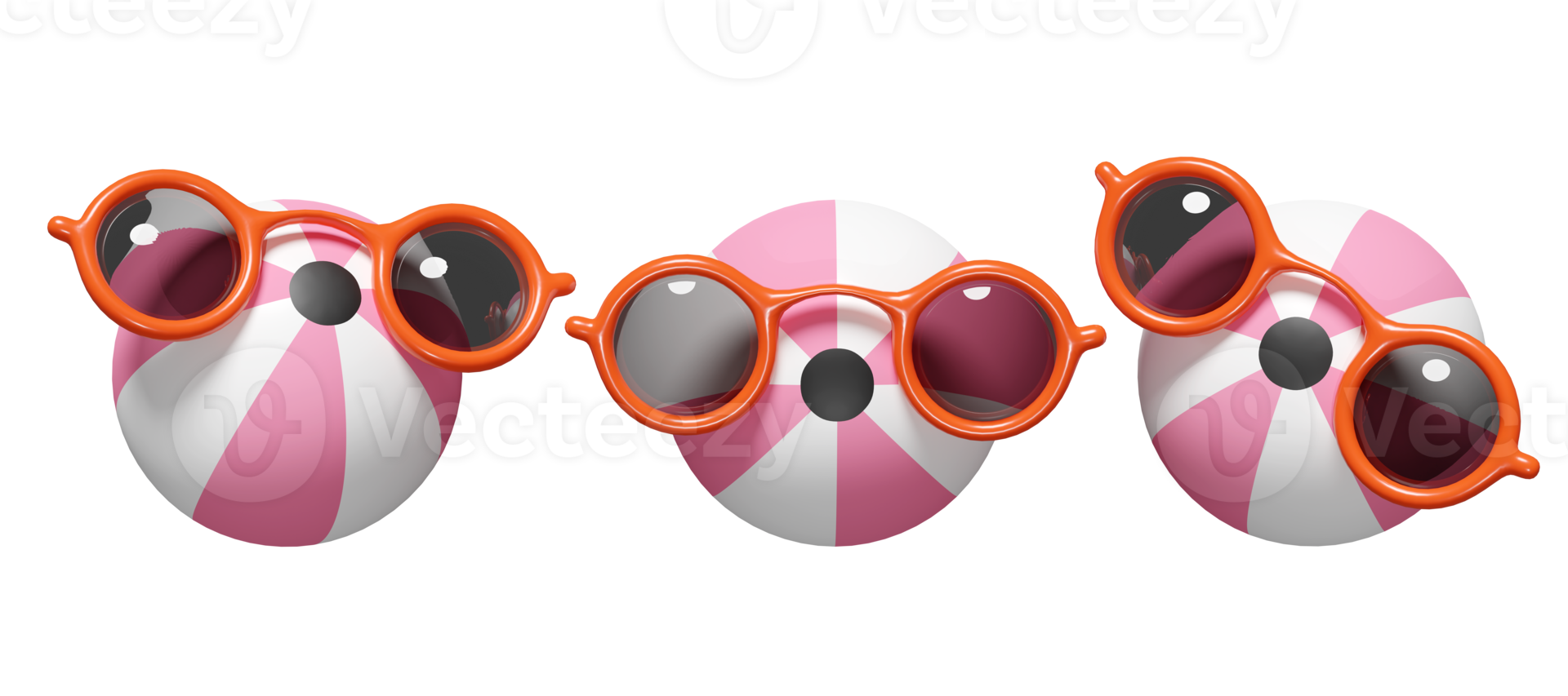 Flotteur de plage de ballon gonflable rose 3d avec des lunettes de soleil isolées. ensemble de jouets ballon, concept de voyage d'été, illustration de rendu 3d png