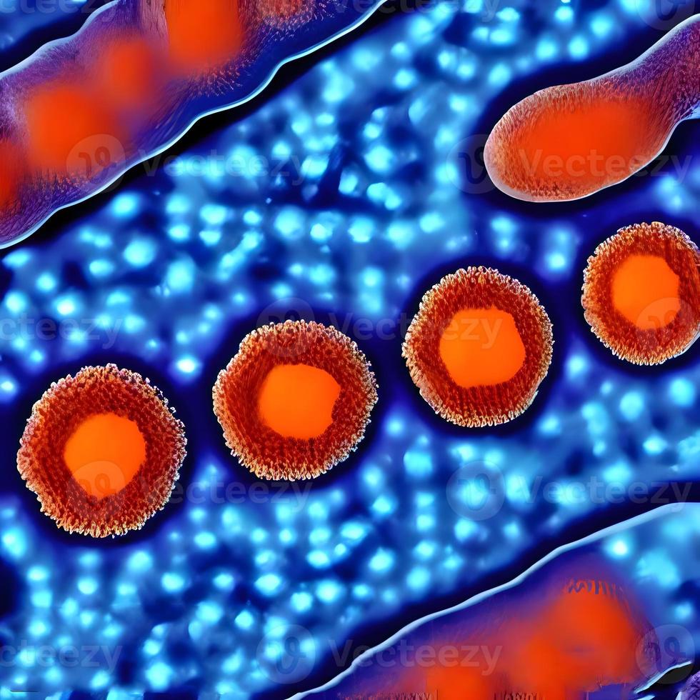 viruses and bacteria of various shapes against a blue background. Concept of science and medicine. rendering photo