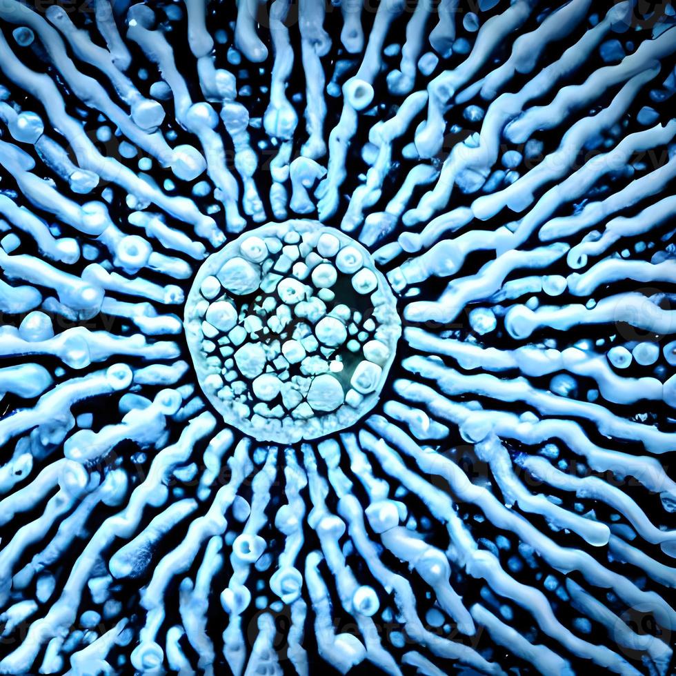 virus y bacterias de varias formas contra un fondo azul. concepto de ciencia y medicina. representación foto