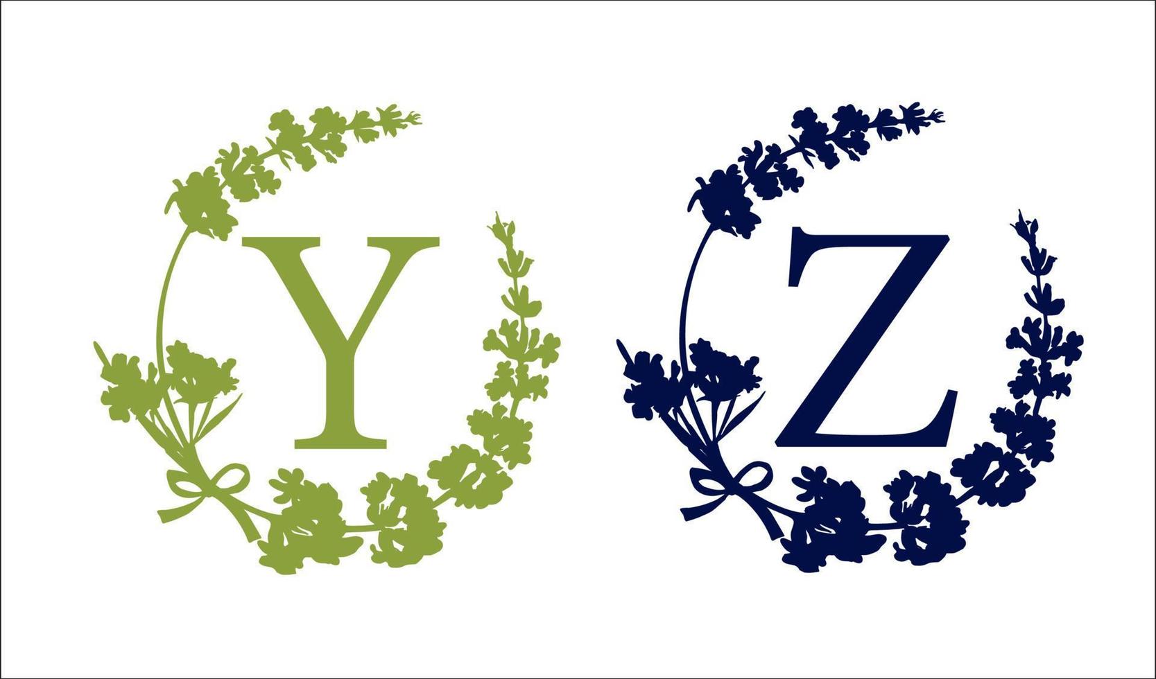 Y Z letter. Set modern hand-drawn silhouette sketch illustrations. Lavender flower wreath with alphabet monogram. good idea for wedding decor. Vintage vector typographic emblem, logo, label design.