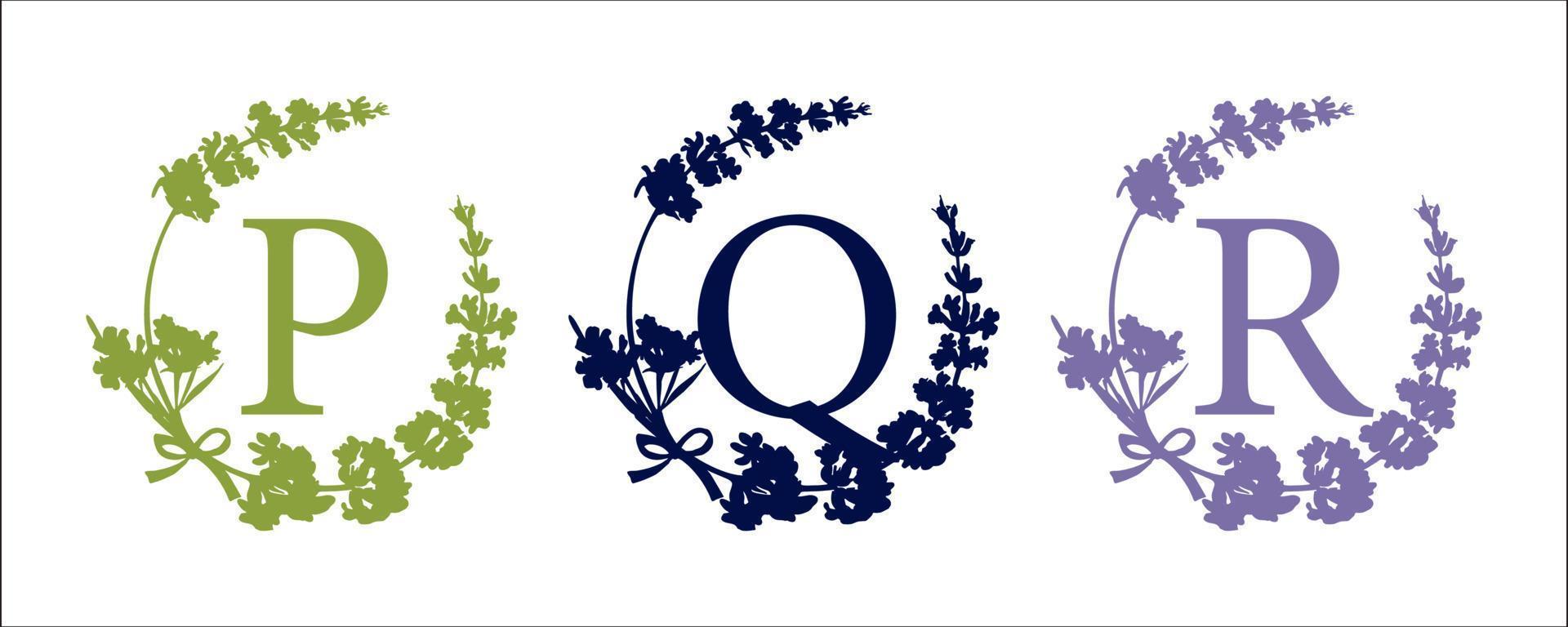 P Q R letter. Set modern hand-drawn silhouette sketch illustrations. Lavender flower wreath with alphabet monogram. good idea for wedding decor. Vintage vector typographic emblem, logo, label design.