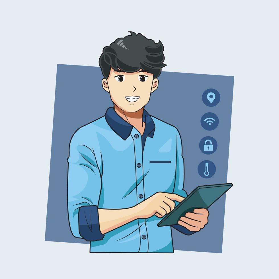 Young man holding digital tablet vector illustration free download