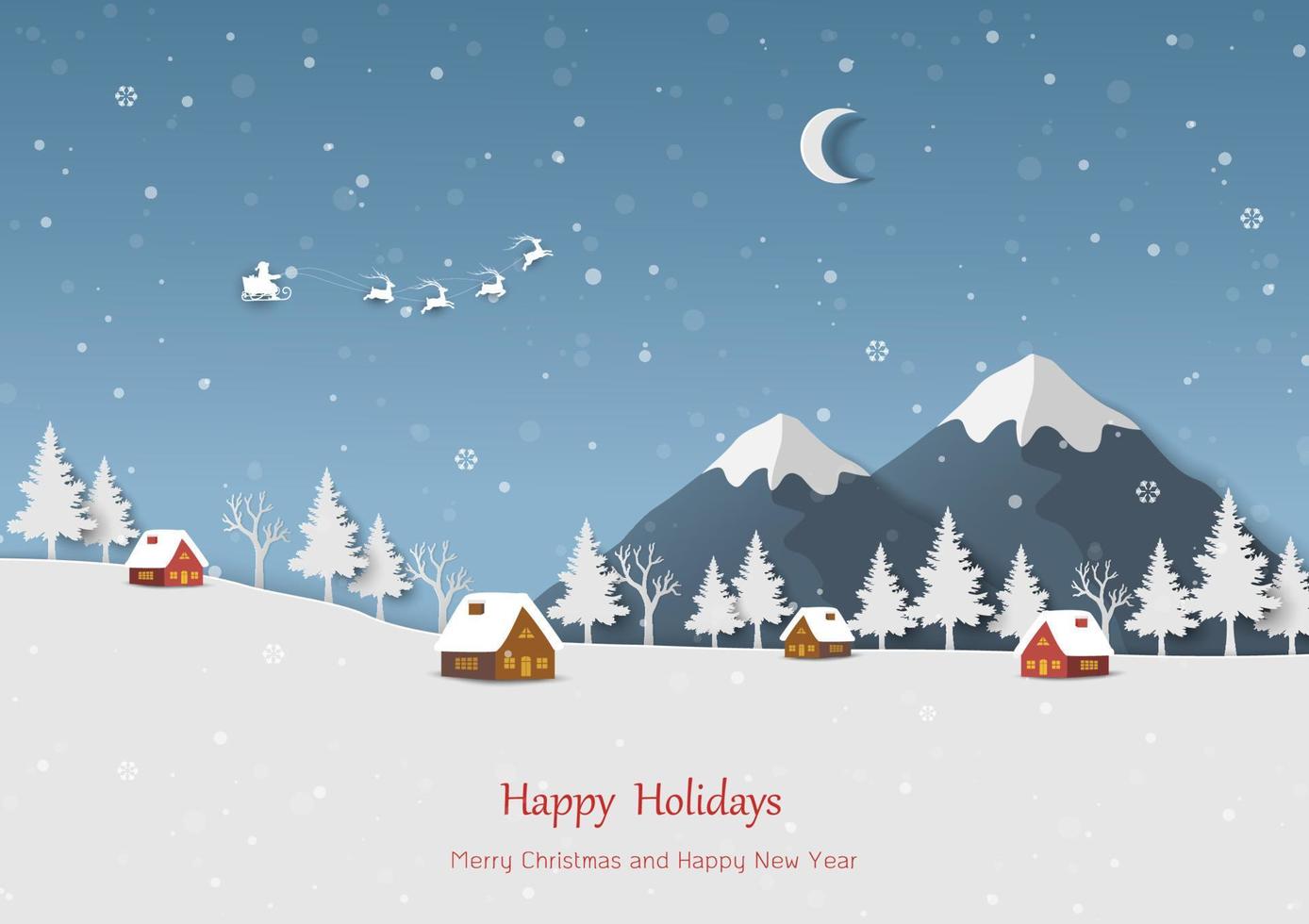 Merry Christmas and Happy new year greeting card with paper cut countryside landscape on winter vector