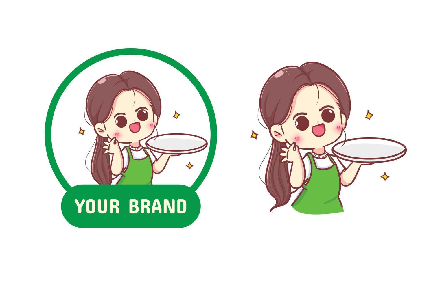 Beautiful woman chef holding a plate restaurant food logo hand drawn cartoon illustration vector