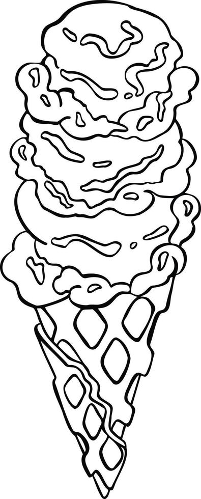 waffle cone with three scoops of ice cream, sorbet,  vector illustration