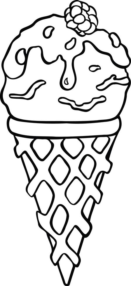 chocolate ice cream cone with raspberries, sorbet,   vector illustration