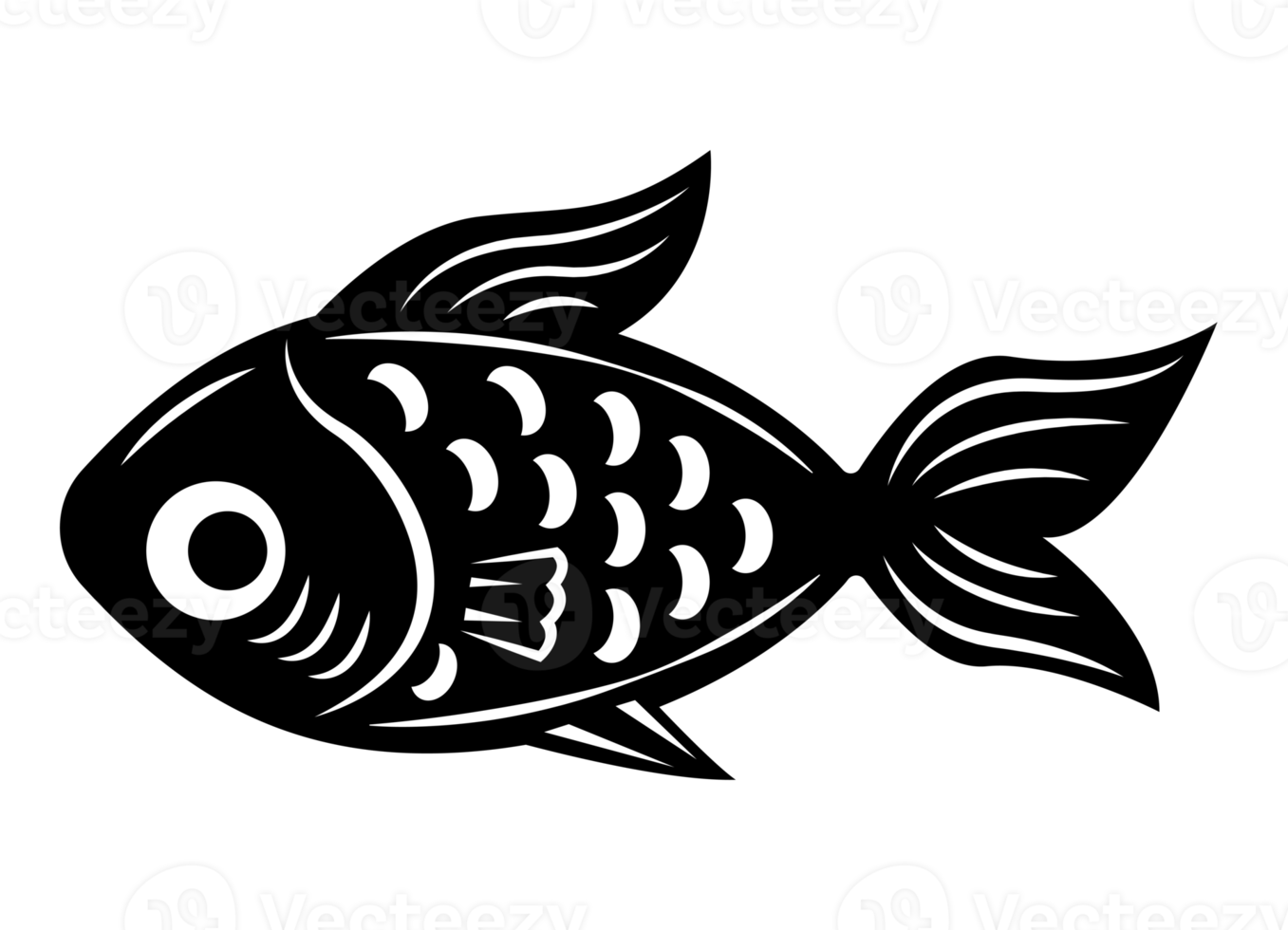 Fish illustration black and white PNG with transparent background. Abstract, stylized fish illustration.