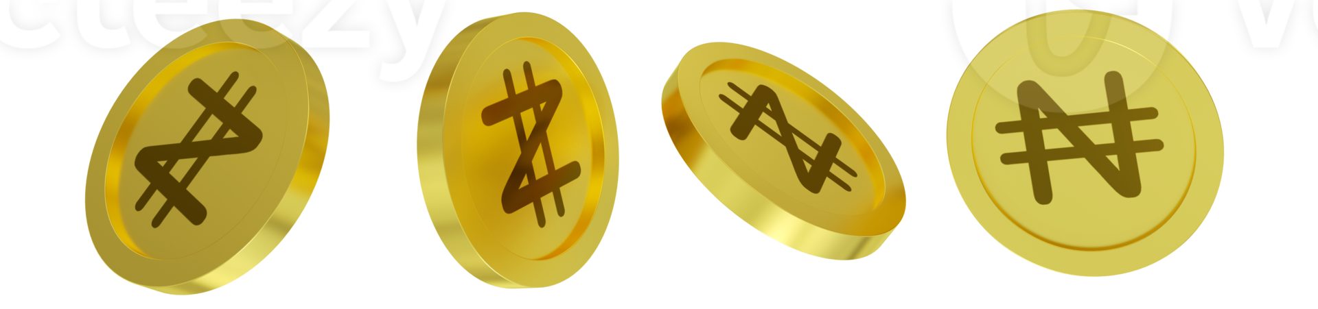 3D rendering of Nigerian naira coin concept in different angles. Naira sign design isolated on transparent background png