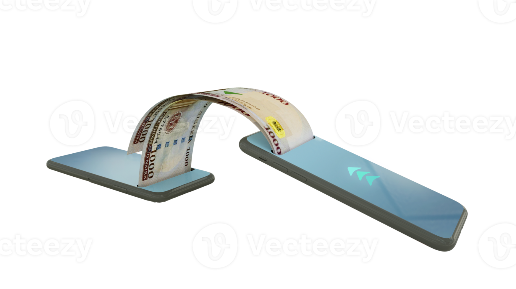 3D rendering of  Nigerian naira notes transferring from one phone to another. mobile money transaction concept. money coming out of mobile phone png