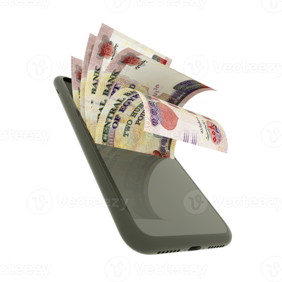 3D rendering of 200 Egyptian pound notes inside a mobile phone isolated on transparent background png