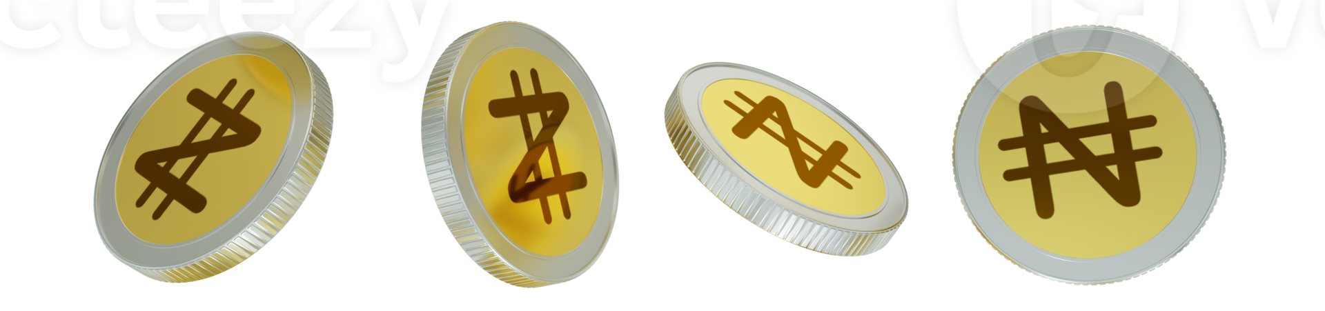 3D rendering of Nigerian naira coin concept in different angles. Naira sign design isolated on transparent background png