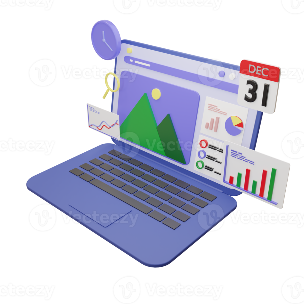 tela do laptop com seo. conceito de otimização de mecanismo de pesquisa. Desenvolvimento mínimo de aplicativos 3D e conceito de web design, otimização de interface de usuário. ilustração de renderização 3D png