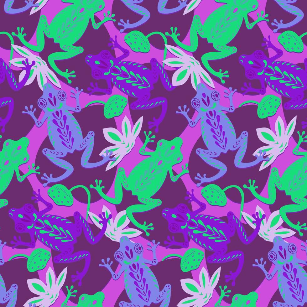 Violet green frogs on a pond with lilies and leaves. Seamless pattern. Paper cut flat style. Fabric decoration. Print for clothes. Textile design. Hand-drawn cute character. Vector