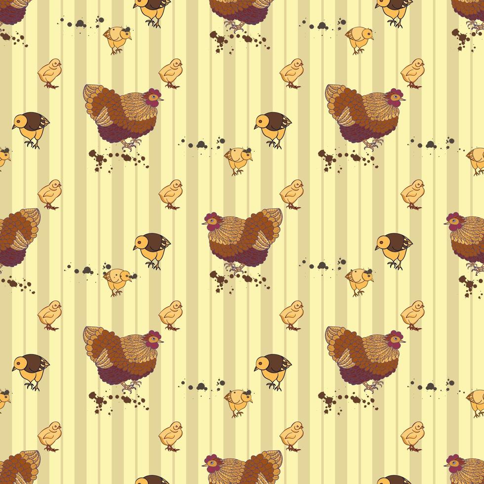 Seamless background with hand drawn rooster, hens and chickens vector