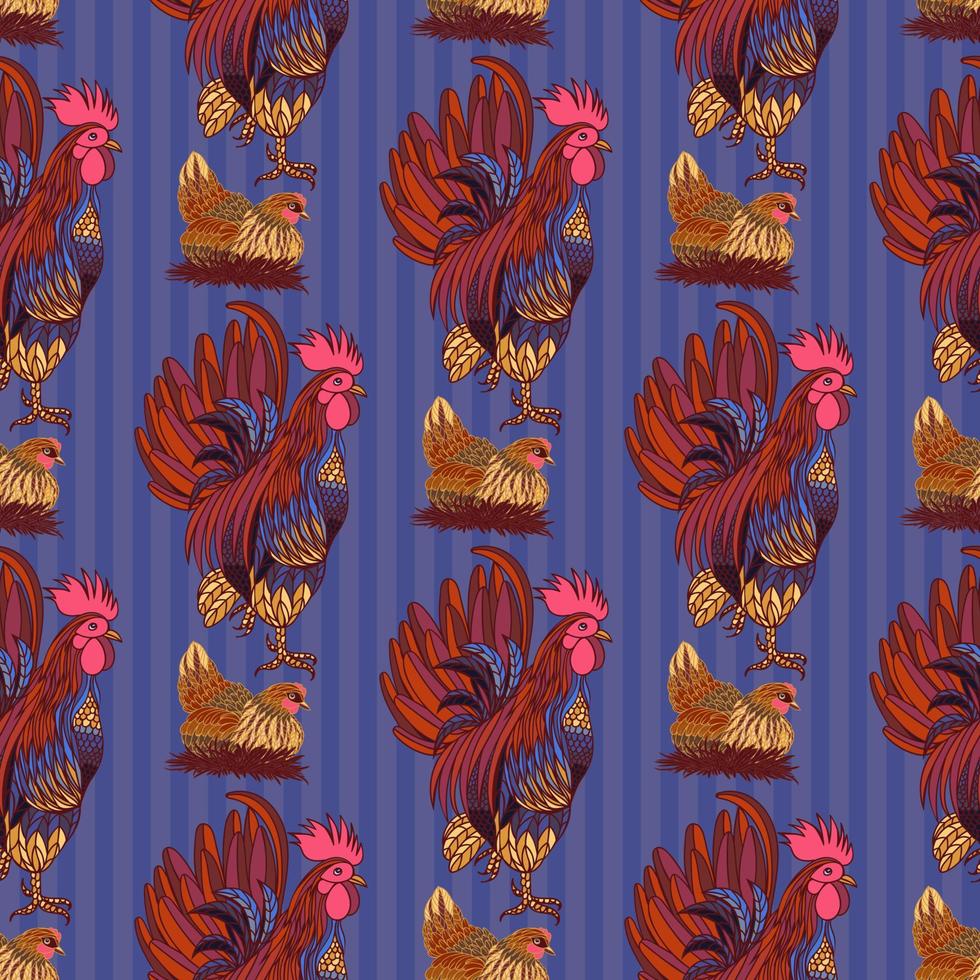 Seamless background with hand drawn rooster, hens and chickens vector