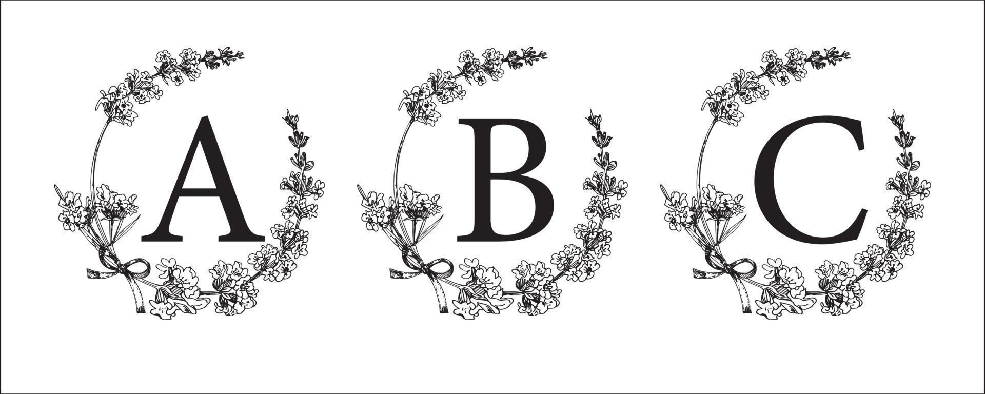 A B C letter. Set modern hand-drawn engraved sketch illustrations. Lavender flower wreath with alphabet monogram. good idea for wedding decor. Vintage vector typographic emblem, logo, label design.