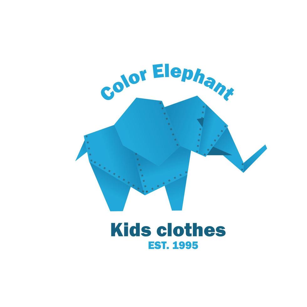 Blue Elephant. Premade Logo. Fun Color Animal. Zoo Steampunk style. Baby clothes brand. Isolated white background. Hand-drawn Stamp silhouette. Vector