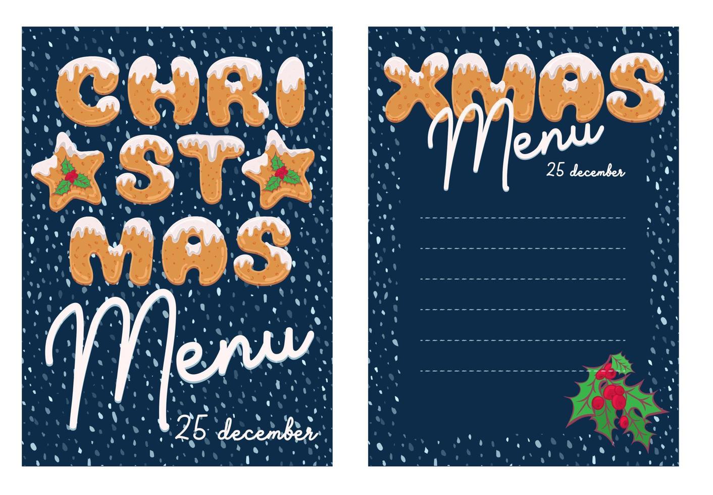 Christmas menu design in cartoon style with text form of homemade cookies. Doodle letters for brochure, poster, vintage festive background, party card vector