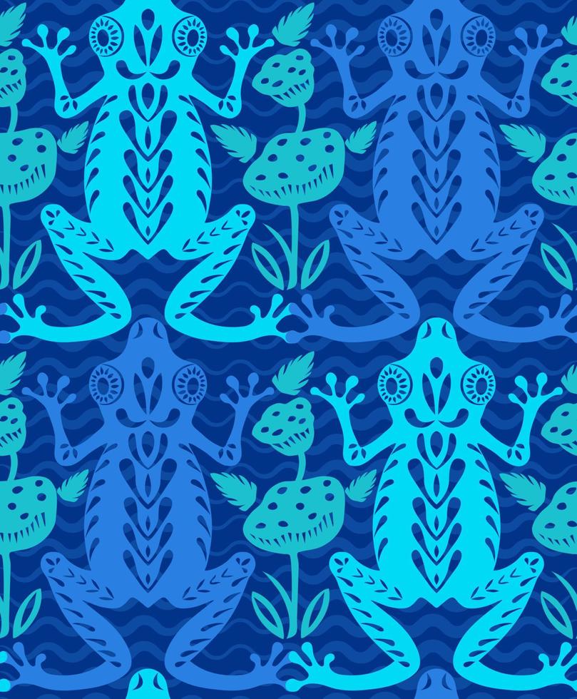 Blue green frogs on a pond with lilies and leaves. Seamless pattern. Paper cut flat style. Fabric decoration. Print for clothes. Textile design. Hand-drawn cute character. Vector