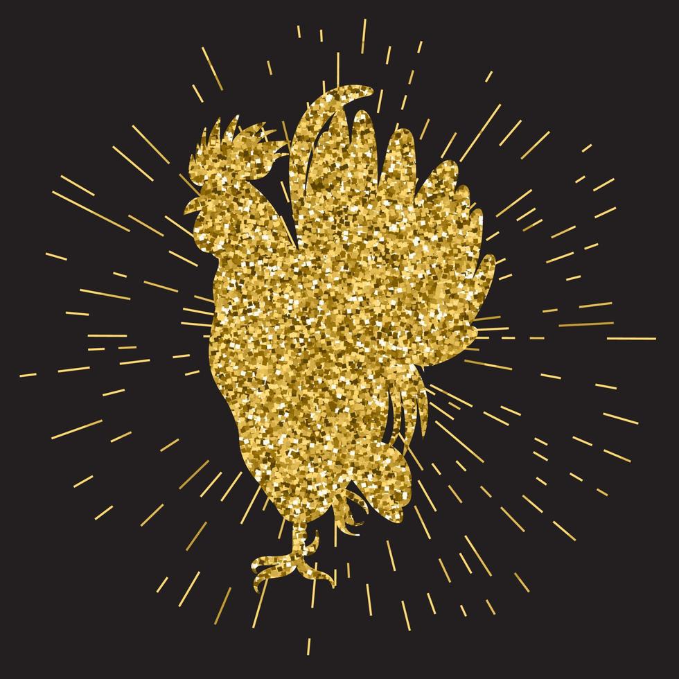 Golden glitter rooster on black background. Hand-drawn doodle silhouette vector