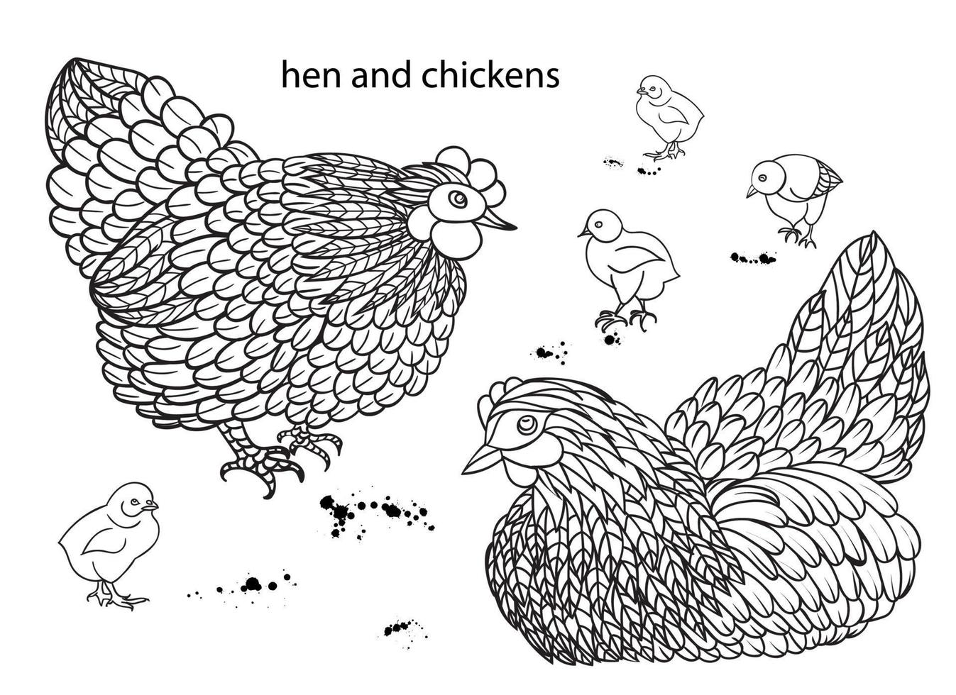 Set of hens and chickens.. Hand-drawn doodle contour vector