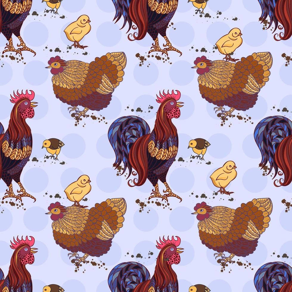 Seamless background with hand drawn rooster, hens and chickens vector