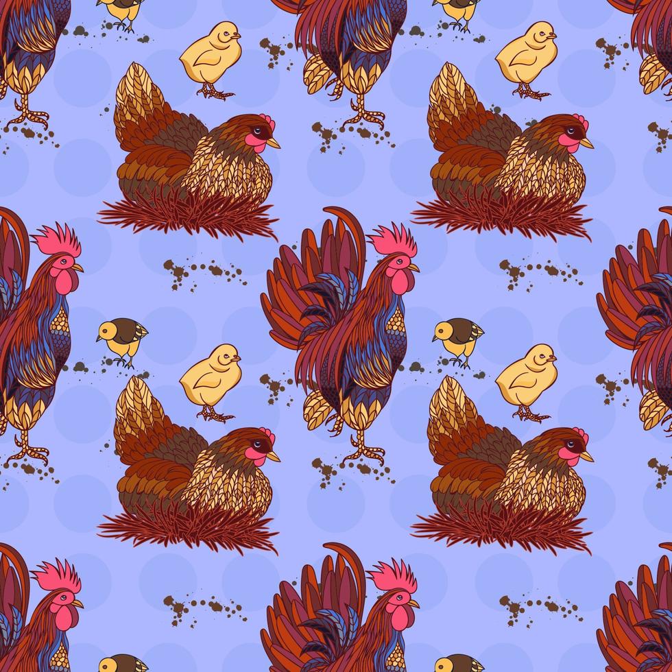 fondo transparente con gallo, gallinas y pollos dibujados a mano vector