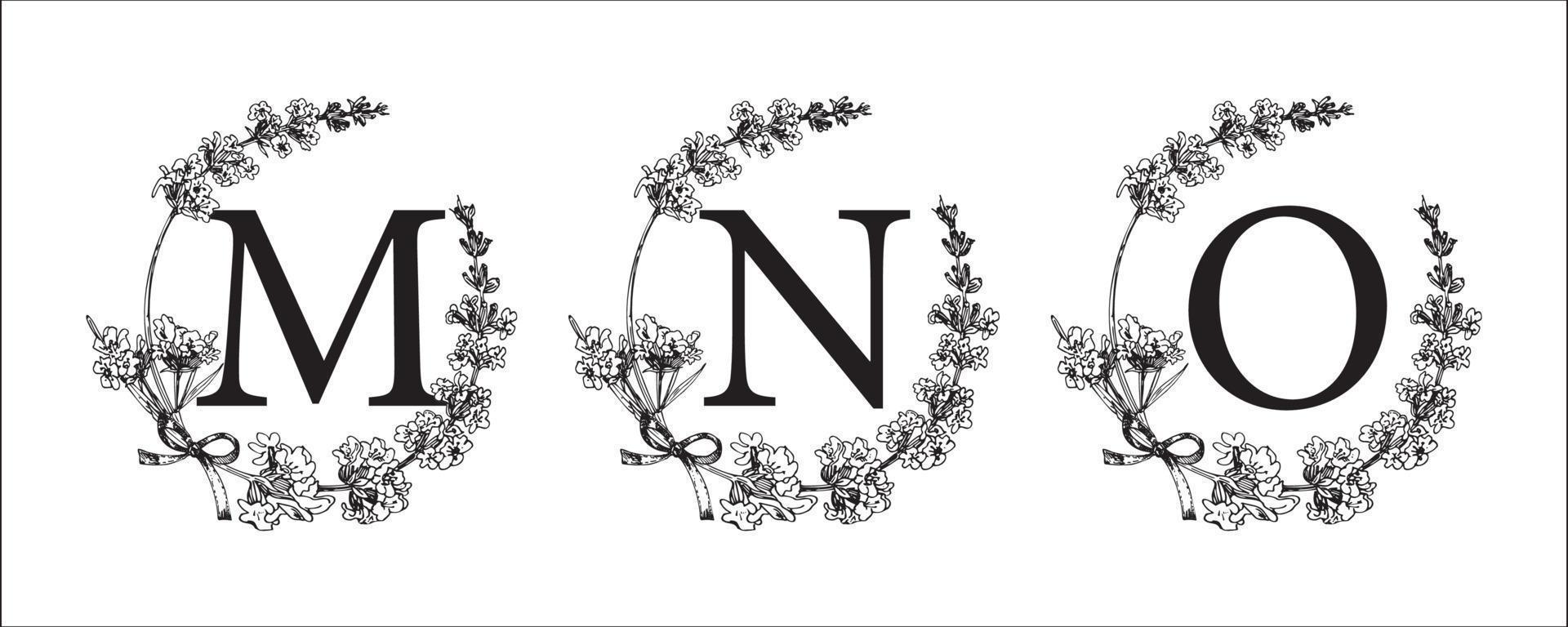 sin letra. establecer modernas ilustraciones de bocetos grabados a mano. corona de flores de lavanda con monograma del alfabeto. buena idea para la decoración de la boda. emblema tipográfico vectorial vintage, logotipo, diseño de etiquetas. vector