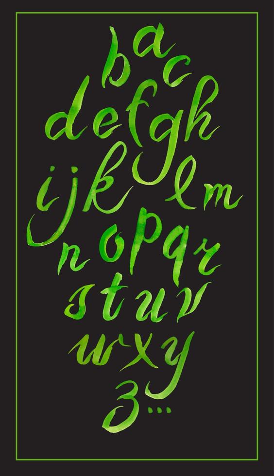Set hand-drawn calligraphy alphabet on black. Watercolor. vector