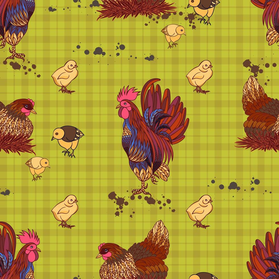 Seamless background with hand drawn rooster, hens and chickens vector