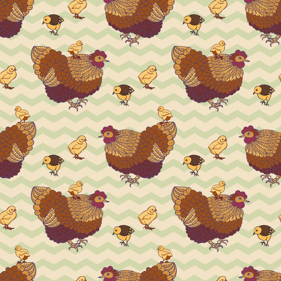 Seamless background with hand drawn rooster, hens and chickens vector