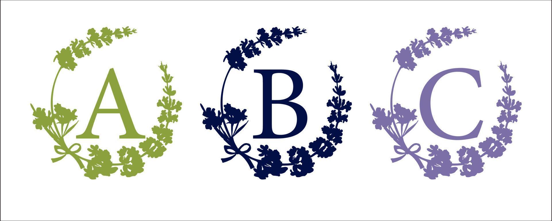 A B C letter. Set modern hand-drawn silhouette sketch illustrations. Lavender flower wreath with alphabet monogram. good idea for wedding decor. Vintage vector typographic emblem, logo, label design.