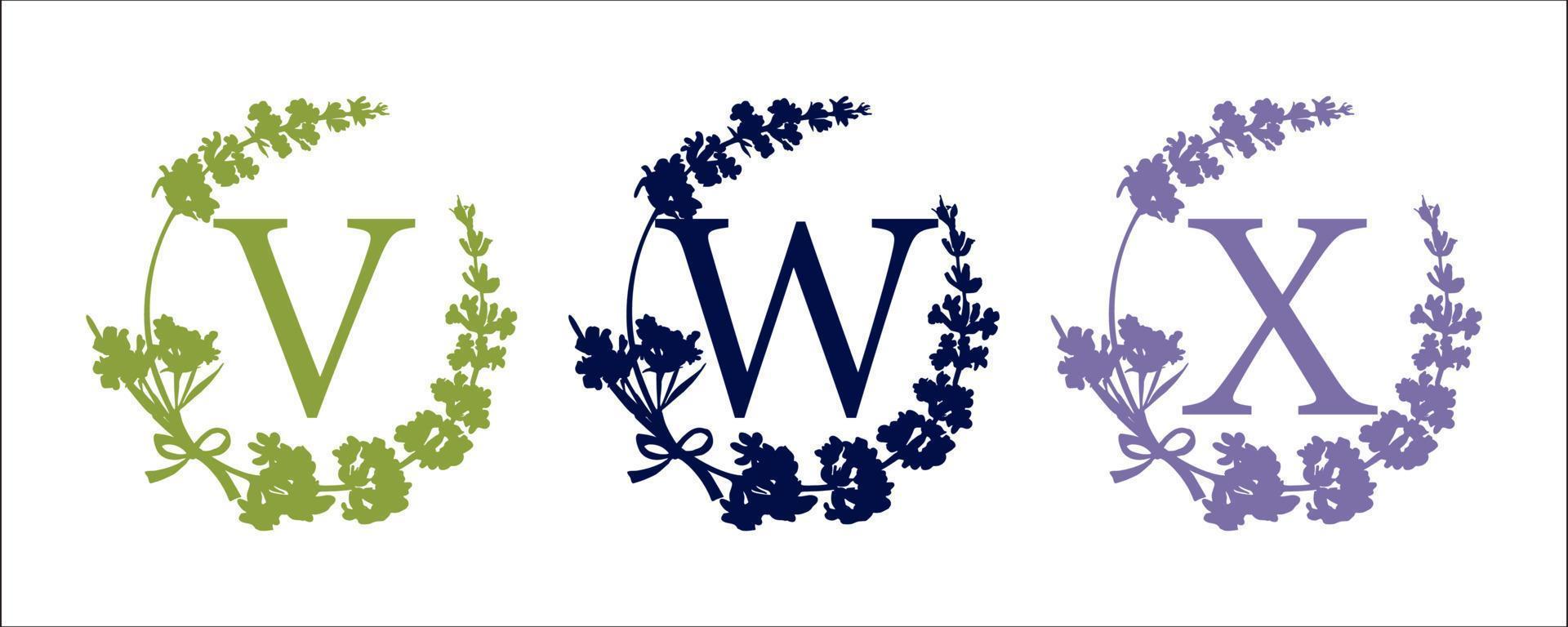 V W X letter. Set modern hand-drawn silhouette sketch illustrations. Lavender flower wreath with alphabet monogram. good idea for wedding decor. Vintage vector typographic emblem, logo, label design.