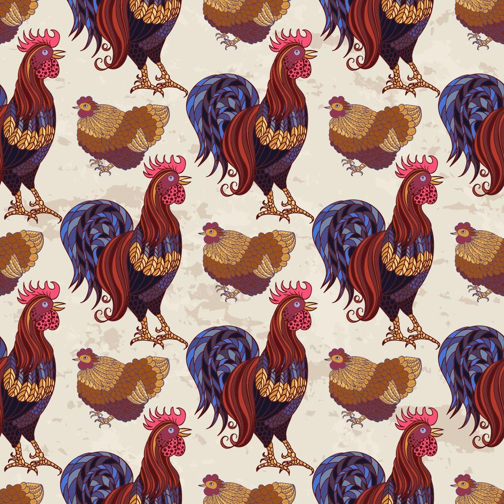 Seamless background with hand drawn rooster, hens and chickens vector