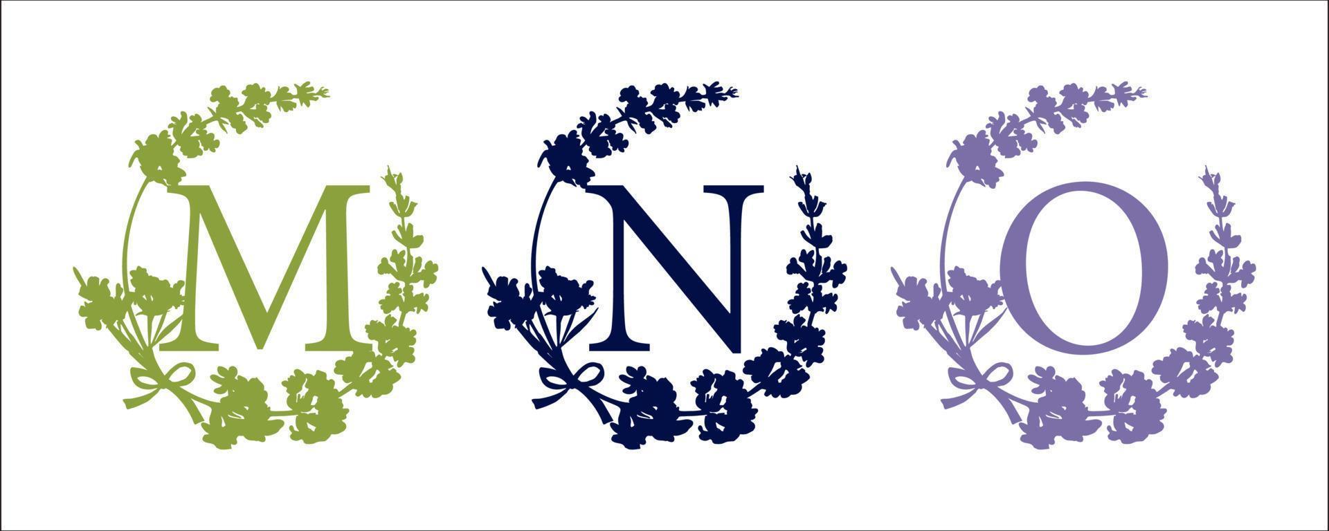 M N O letter. Set modern hand-drawn silhouette sketch illustrations. Lavender flower wreath with alphabet monogram. good idea for wedding decor. Vintage vector typographic emblem, logo, label design.
